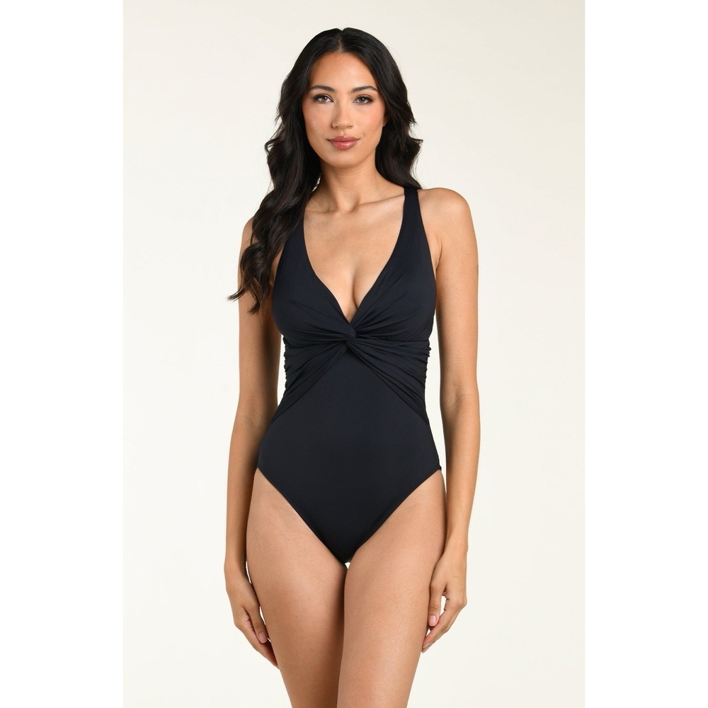 La Blanca Island Goddess One Piece Swimsuit 16 Black Twist Front Ruched $129